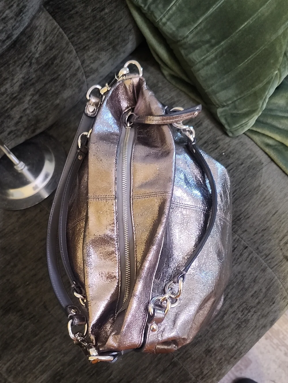 Coach Metallic Pewter Leather Tote - Silver/Brown Tone